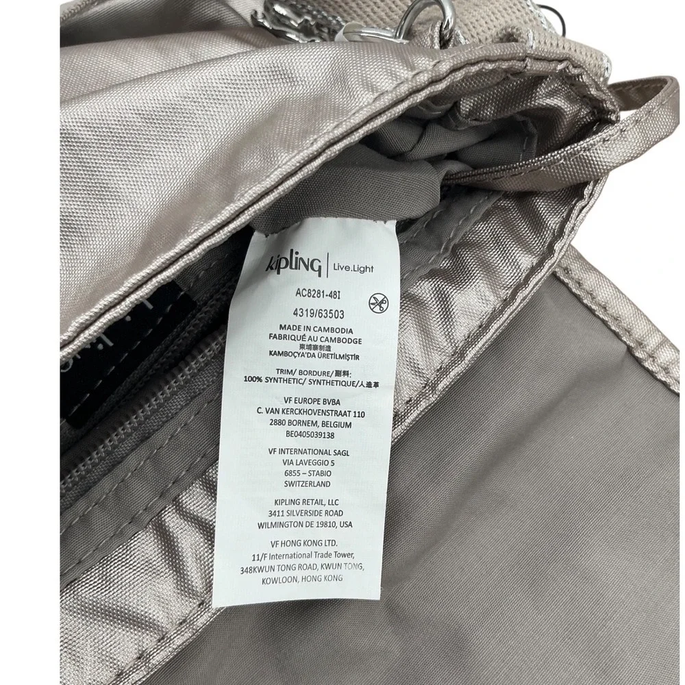 Kipling Metallic Pewter Nylon Crossbody Bag with‎ Monkey Keychain NWT